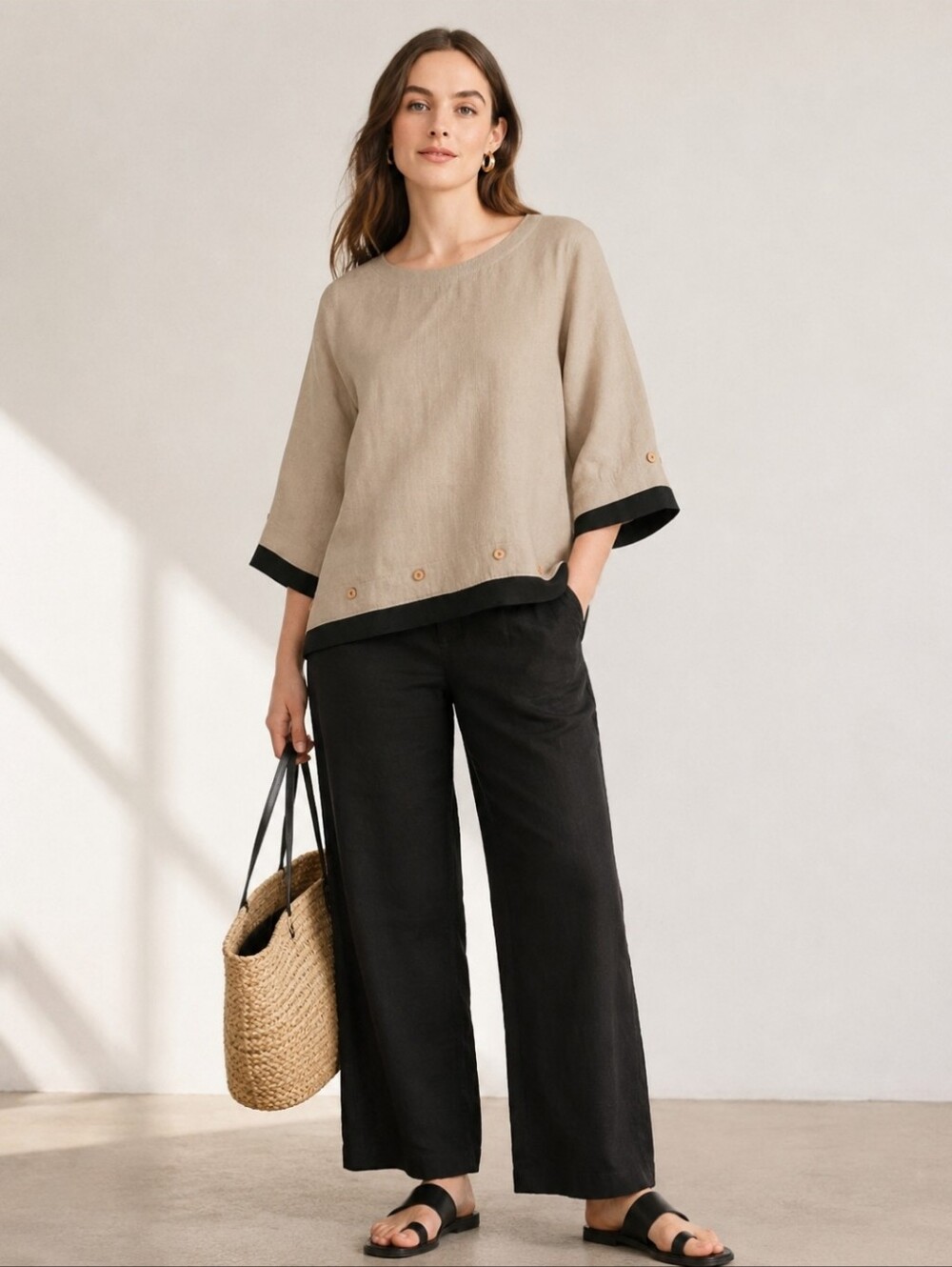 Norm Thompson Tan Black Bamboo Blend Lagenlook Minimalist Womens Top Size XL